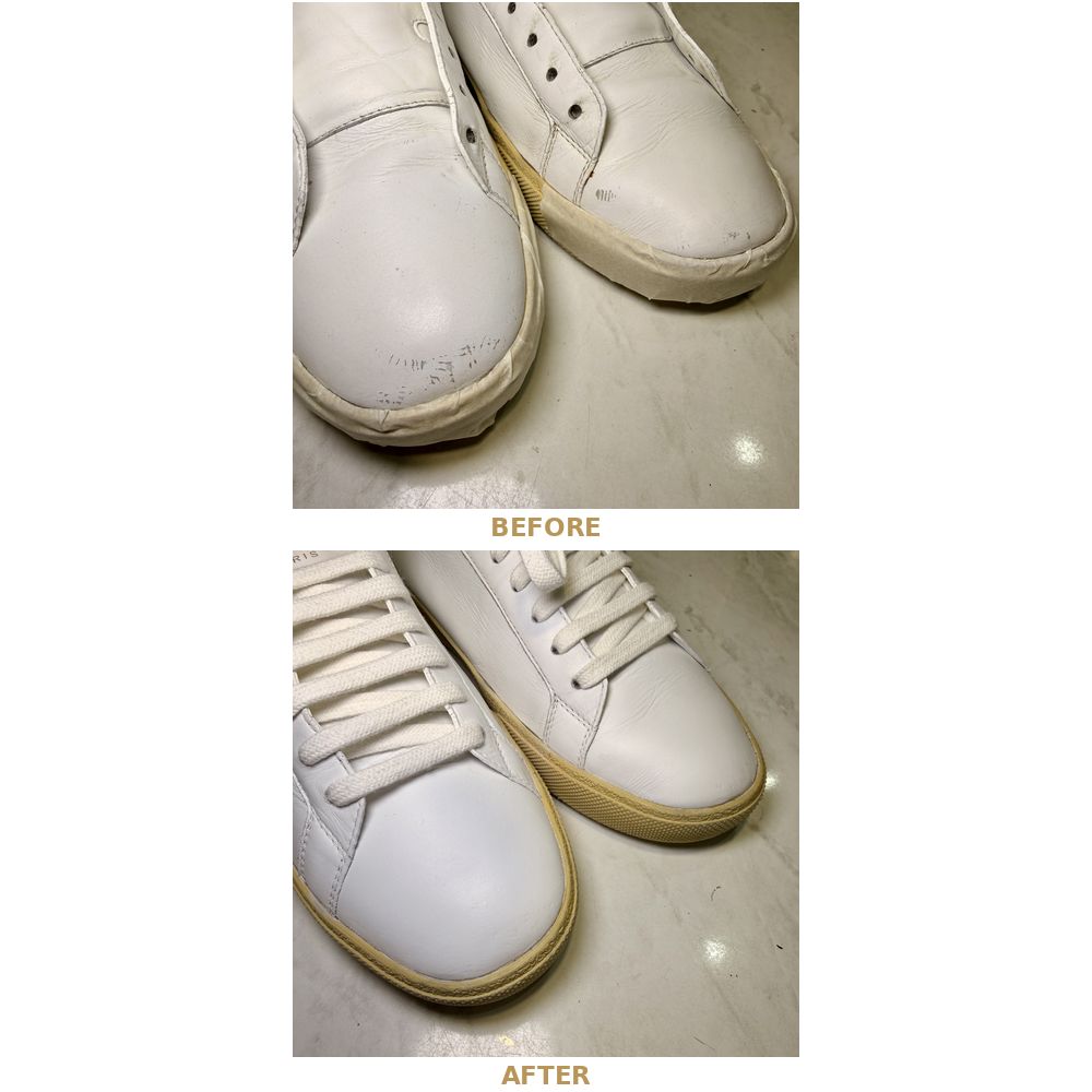 Sneaker scratch and toe repair before and after — white leather sneakers repaired by Sneaker Spa Sydney