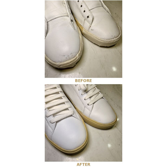 Sneaker scratch and toe repair before and after — white leather sneakers repaired by Sneaker Spa Sydney